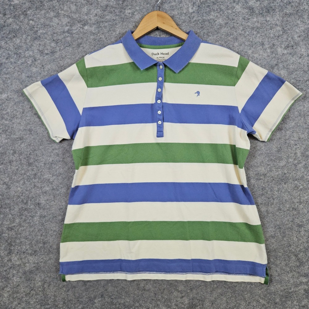 Duck Head Women's Multicolor Striped Polo Shirt Size XL Embroidered Preppy SPOTS